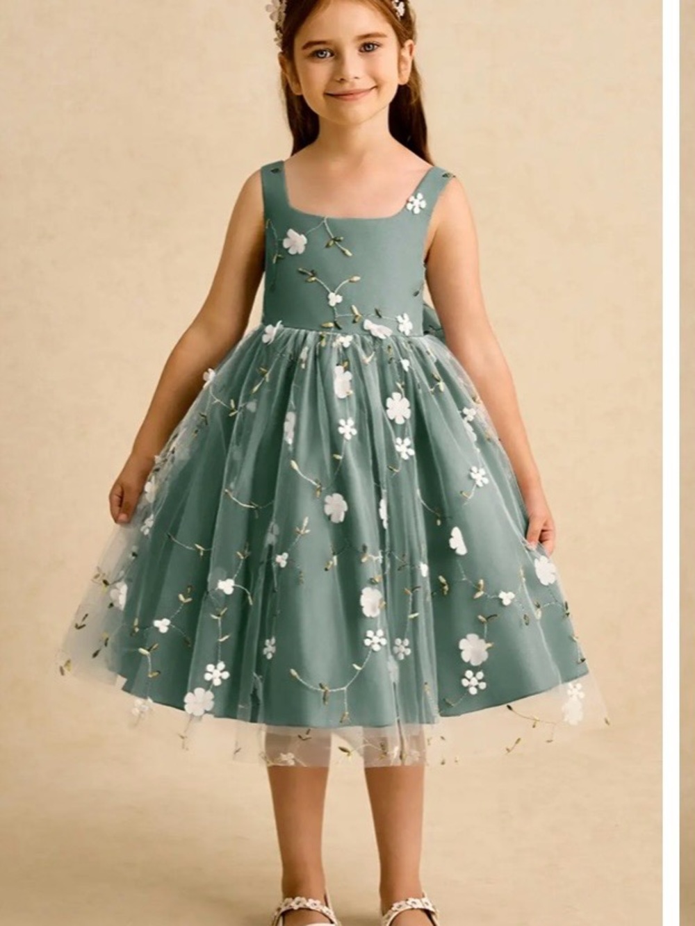 Azazie Girls Floral Tulle Dress in Eucalyptus Green